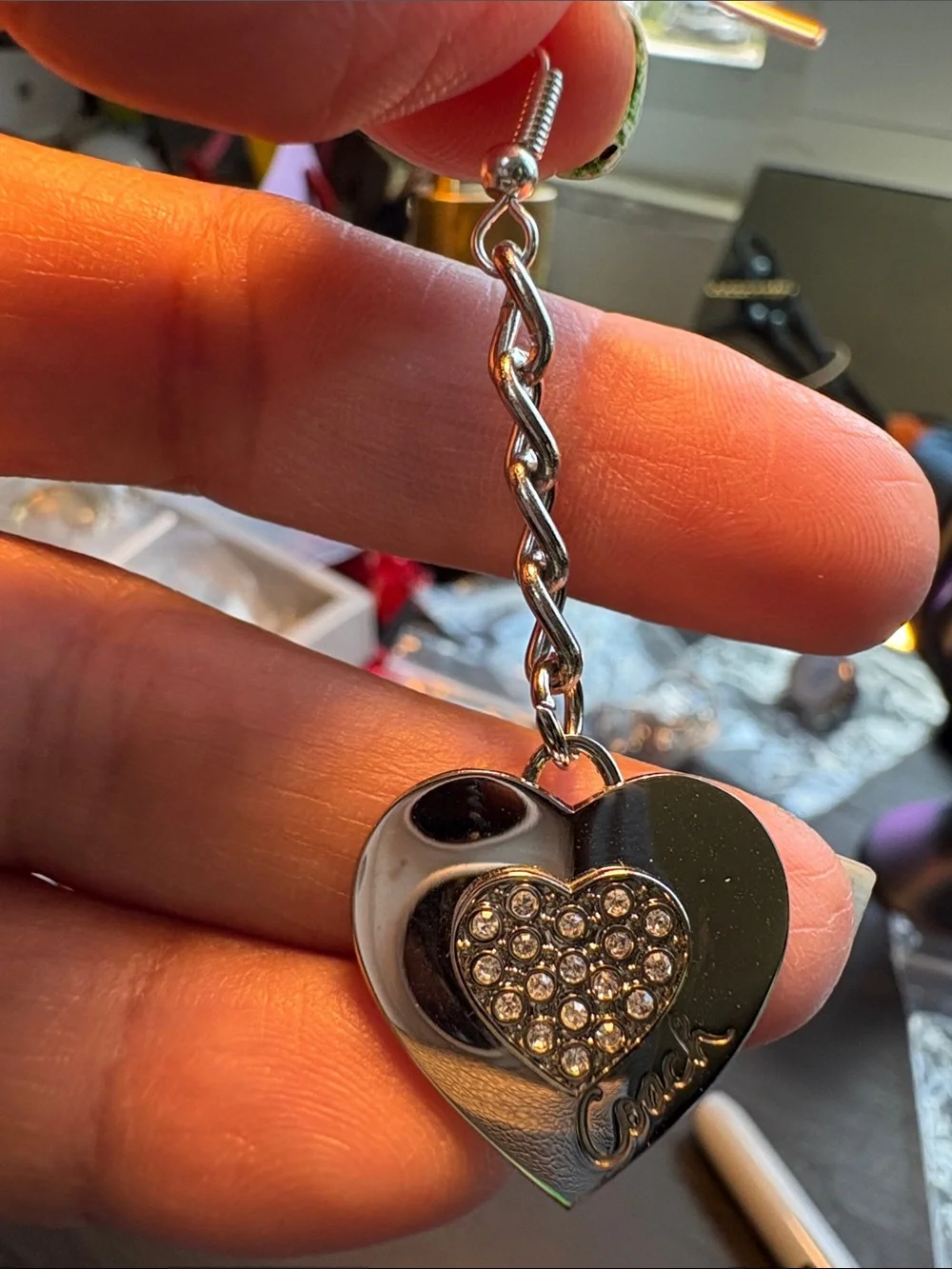 Coach Silver Crystal Heart Drop Earrings - Picture 2 of 4